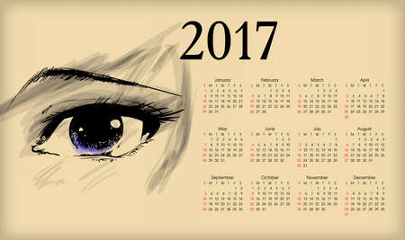 Calendar 2017. Vector illustration beautiful female eyeのイラスト素材