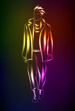 Hand-drawn fashion model from a neon. A light manのイラスト素材