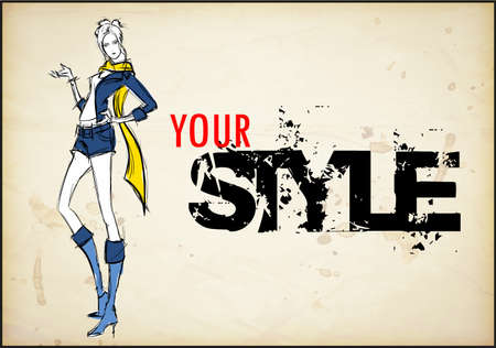 Sketch. Vector illustration of a pretty girl on a abstract background. Fashion illustration.のイラスト素材