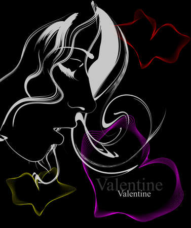 Banner Valentine's Day. The girl's face on a black background with hearts.のイラスト素材