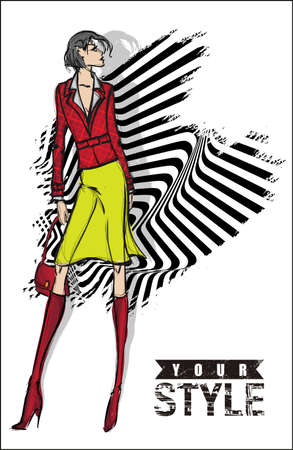 Sketch. Vector illustration of a pretty girl on a abstract background. Fashion illustration.のイラスト素材