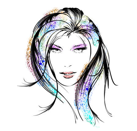 Woman face. Hand painted fashion illustrationのイラスト素材