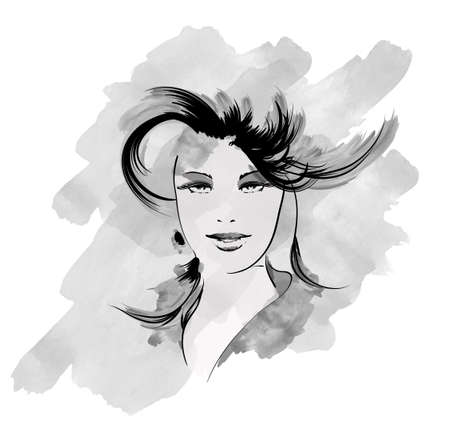 Beautiful sketch woman profile in the style of watercolor paintings.のイラスト素材