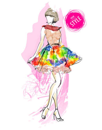 Fashion woman model with colorful skirt in the style of a watercolor drawing.のイラスト素材