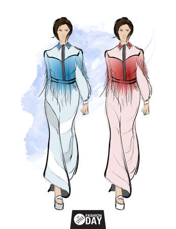 Sketch. Fashion Girls on a white backgroundのイラスト素材