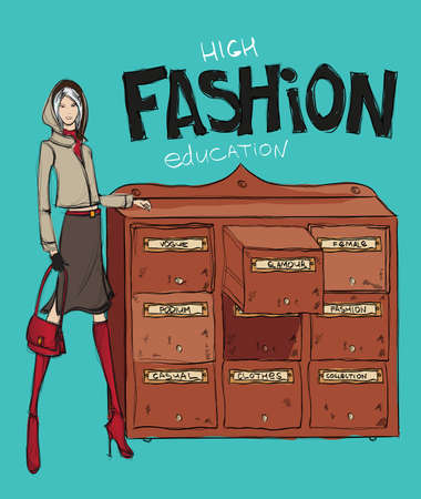 High Fashion Education. The girl is near the library catalog.のイラスト素材