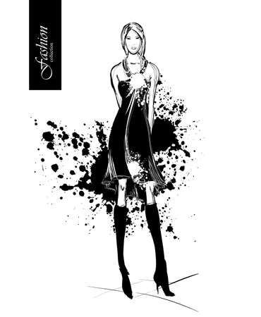 Fashion girl in sketch-style. Vector illustration with blots and splashes.のイラスト素材