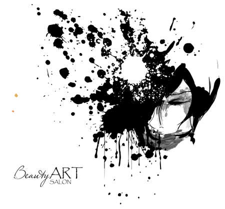 Abstract face. Ink composition with a lady and blotsのイラスト素材