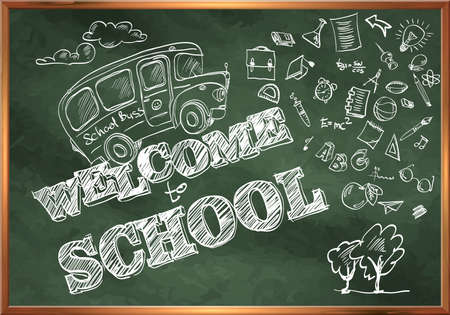 Welcome to school. A blackboard with a school bus and drawings on the topic of education.