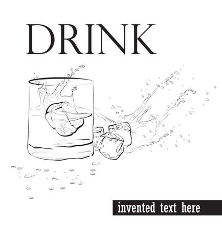 Illustration with a glass of whiskey, ice cubes, splashes and drops of water.のイラスト素材