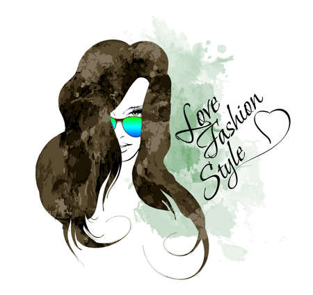 Vector Sketch. Beauty girl face on a watercolor backgroundのイラスト素材