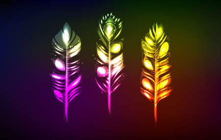 Set of three glowing feathers Neon vector illustration.のイラスト素材