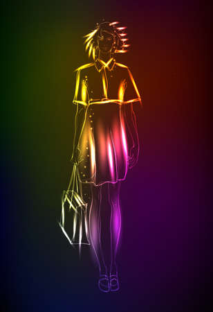 Hand-drawn fashion model from a neon. A light girl'sのイラスト素材