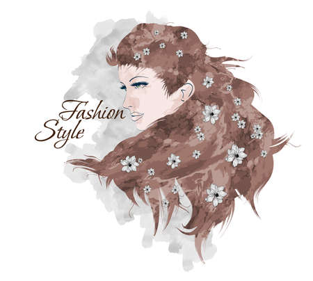 Sketch of Fashion style. Girl with flowers in her hairのイラスト素材