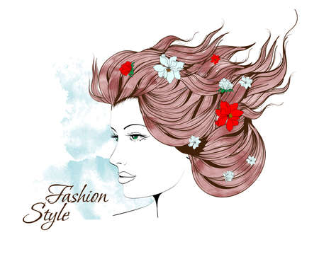 Sketch of Fashion style. Girl with flowers in her hairのイラスト素材