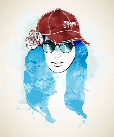 Sketch. Your style. Beauty girl face on a watercolor backgroundのイラスト素材