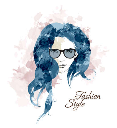 Fashion Style. Sketch. Beauty girl face on a white backgroundのイラスト素材