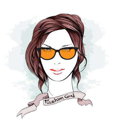 Sketch. Fashion girl. Beauty girl face on a watercolor backgroundのイラスト素材