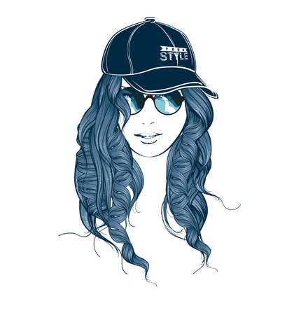 Fashion Style. Sketch. Beauty girl face on a white backgroundのイラスト素材