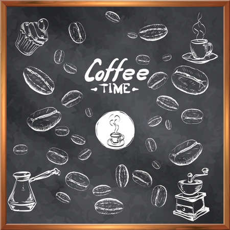 Coffee time chalkboard designs set for cafe or restaurant. Best  concepts collection, hand drawn graphic illustration.のイラスト素材