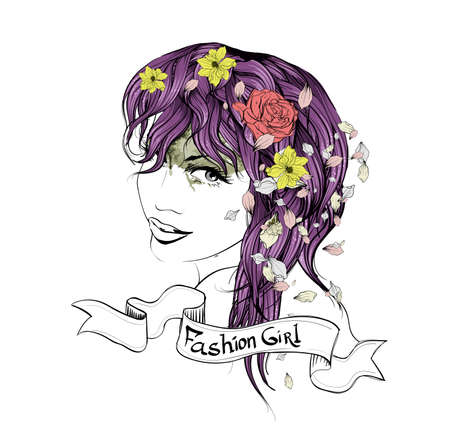 Sketch of Fashion girl. Girl with flowers in her hairのイラスト素材
