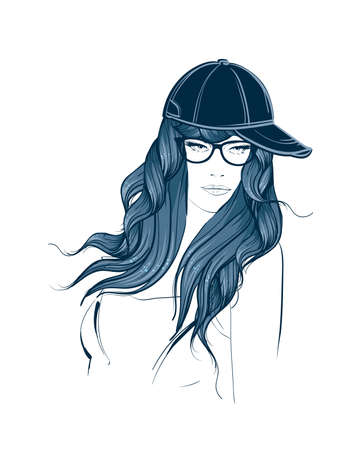 Fashion Style. Sketch. Beauty girl face on a white backgroundのイラスト素材