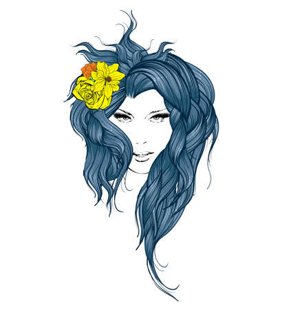 Sketch. Summer Style. Girl with flowers in her hairのイラスト素材