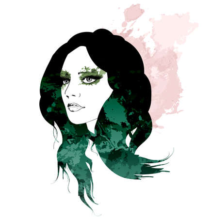 Fashion Style. Sketch. Beauty girl face on a watercolor backgroundのイラスト素材