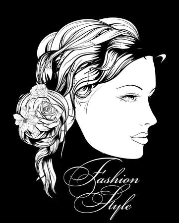 Sketch. Fashion Style. Girl with flowers in her hairのイラスト素材