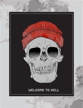 Welcome to Hell. Skull with hat and fangs on a black background.のイラスト素材