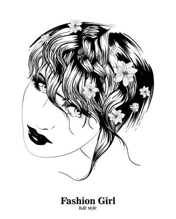 Fashion Style. Sketch. Beauty girl face on a white backgroundのイラスト素材