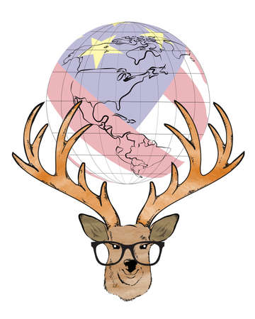 Vector illustration of a deer head, with large horns with the globe of America mapのイラスト素材