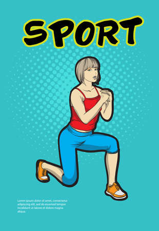 A young athlete performs squats. Pop art retro vector illustration. Sport and a healthy lifestyle,のイラスト素材