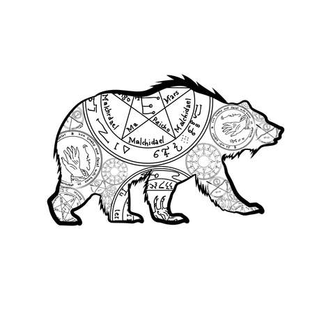 Grizzly bear. Vector illustration, isolated on white background. A totemic animal with abstract occult ornaments. Magical folk tattoo.のイラスト素材