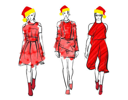 Attractive santa girl. Fasion christmas illustration. Set of christmas girls.のイラスト素材