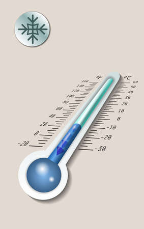 Celsius and fahrenheit meteorology thermometer measuring heat and cold, vector illustration. Thermometer equipment showing cold weather.のイラスト素材