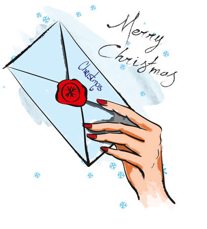 Merry Christmas. Illustration with letter in hand. Christmas mail.のイラスト素材