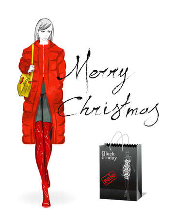 Merry Christmas. Woman with purchases.Black Friday sale pattern design.Vector illustrationのイラスト素材