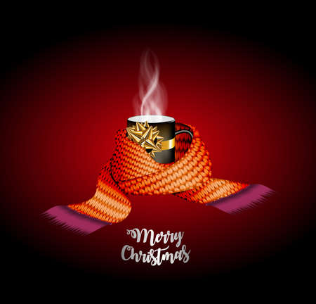Hot coffee in black cup. Cup of coffee swathed in scarf. Winter background. Christmas card.のイラスト素材