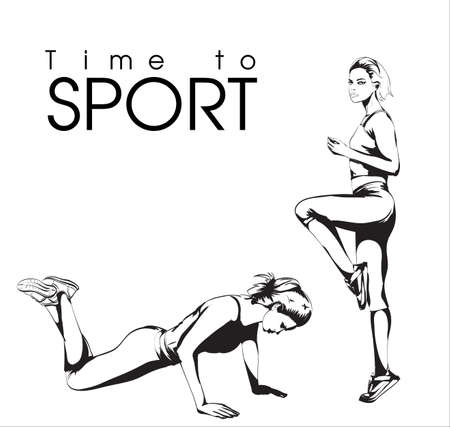 Tine to sport. A young athlete performs exercises. Set of vector sketches of illustrations. Sport and a healthy lifestyleのイラスト素材