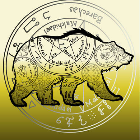 Grizzly bear. Vector illustration. A totemic animal with abstract occult ornaments. Magical folk tattooのイラスト素材