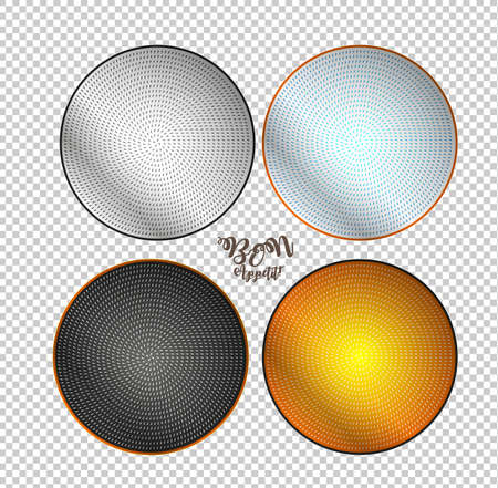 Bon appetite. Empty plates on a checkered background. Plates with a geometric pattern.のイラスト素材