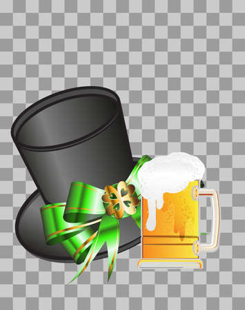 Illustration of a beer festival. Figure with a green hat and a beer mug on a checkered background.のイラスト素材