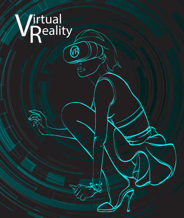 Young pretty woman wearing virtual reality headset or 3d glasses controls imaginary interface on screen projection.のイラスト素材