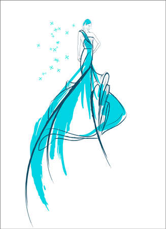 Girl in blue wedding gown sketch design.のイラスト素材