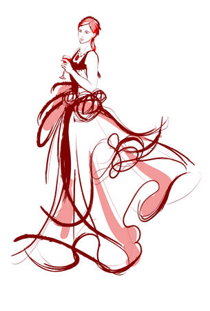 Girl in red wedding gown sketch design.のイラスト素材