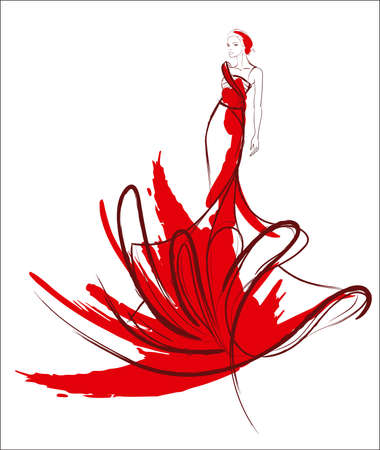 Girl in red wedding gown sketch design.のイラスト素材