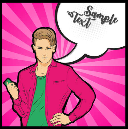 Pop art fashion man with a phone in his hand. Vector illustration.のイラスト素材