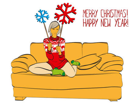 Lovely girl on the couch. Girl in red Christmas sweater. Girl with toy snowflakes. Christmas illustration.のイラスト素材