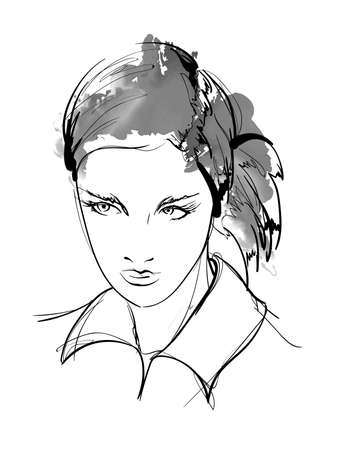 The face of a young beautiful woman with careless hair.. Women hairstyle sketch. Illustration women face with fashionable hairstyle. Vector Illustrationのイラスト素材
